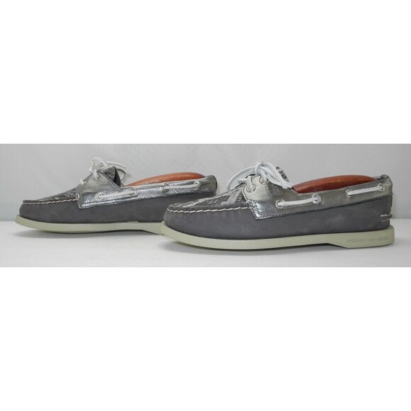 Sperry Top-Sider Embossed Snakeskin Grey/Metallic Silver Leather Boat Shoes- 6M - Picture 4 of 8